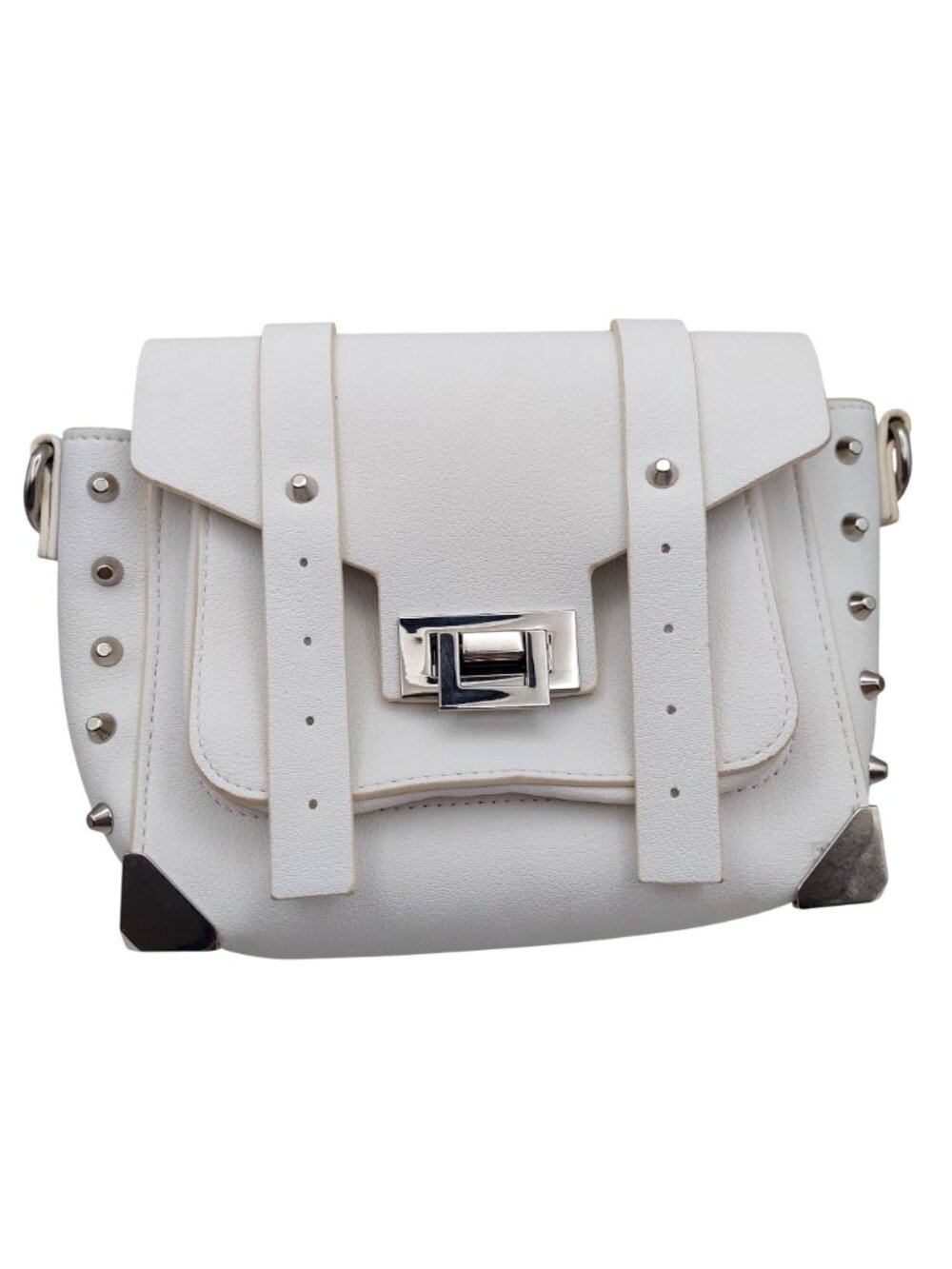 Messenger Crossbody Bag Faux Leather White Silver Tone Studded Adjustable Strap - Picture 2 of 10